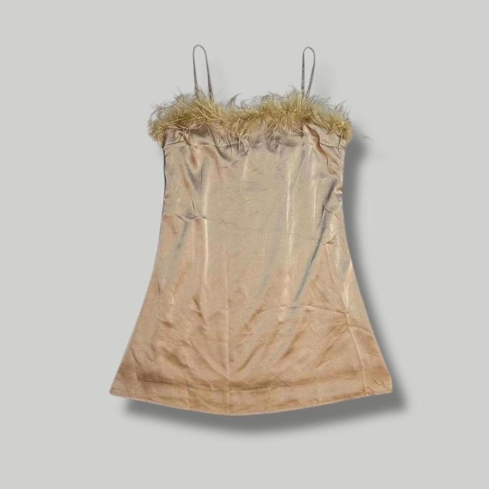 Charmed Hearts mini feather boa square neck beige nude satin slip dress NWT XL